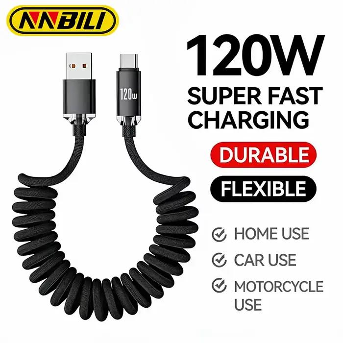 Câble de charge rapide USB-A vers USB-C 120W pour voiture et smartphone tressé en tissu renforcé compatible Samsung S26 Xiaomi Huawei occasions quotidiennes et voyages