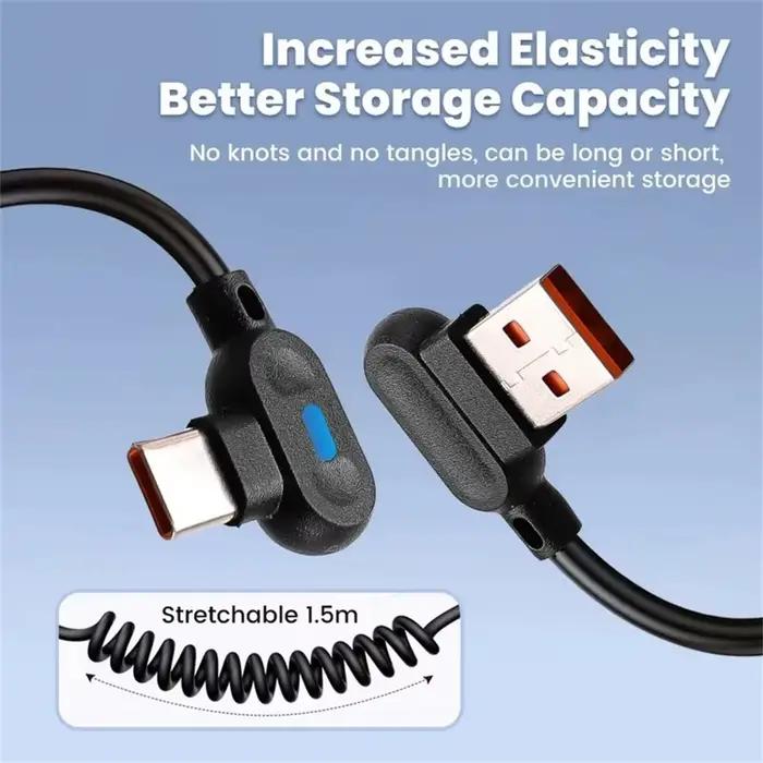 Lumière LED respirante 90 ° Câble de charge USB-C à ressort coudé 1M/1.5M