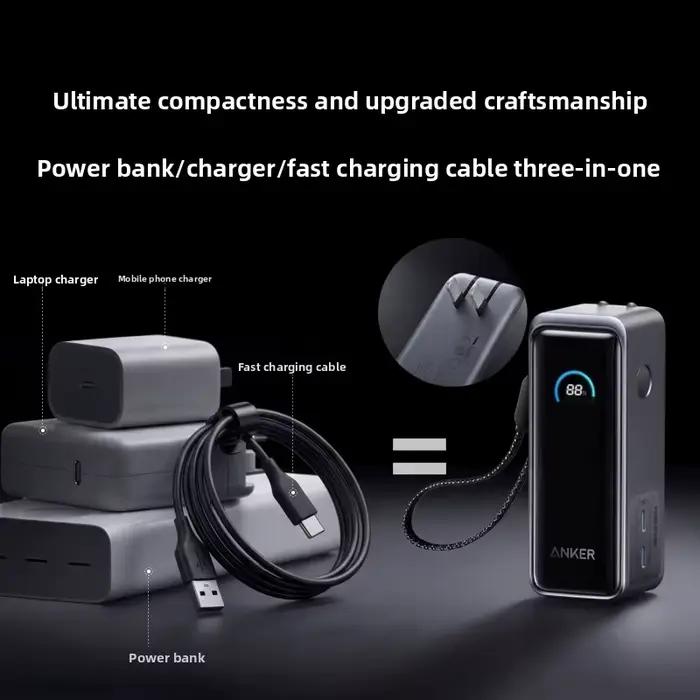 Anker A1339 Power Bank 3-en-1 GaN 65W Chargeur Rapide Prise Intégrée Batterie Externe Portable Homologuée Avion