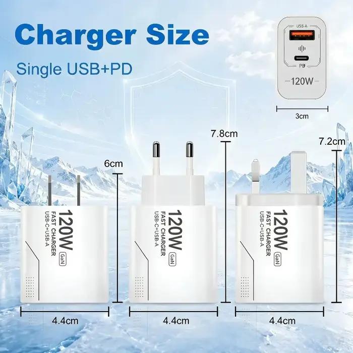 Chargeur USB C GaN 120W à 2 ports, charge rapide, adaptateur secteur pour iPhone, Samsung, Xiaomi, type C, prise US