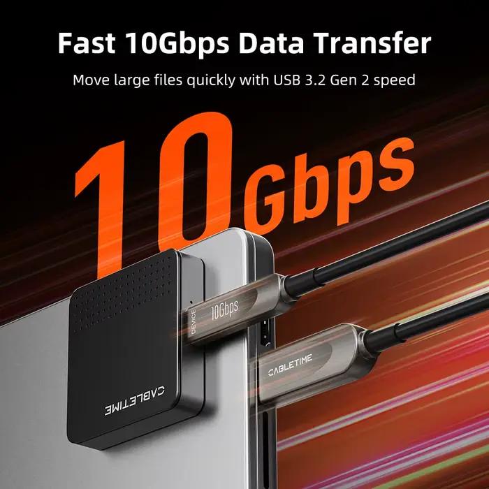 CABLETIME Câble optique actif USB-A vers USB-C 10 Gbit/s USB 3.2 Câble de données longue distance pour caméra VR industriel