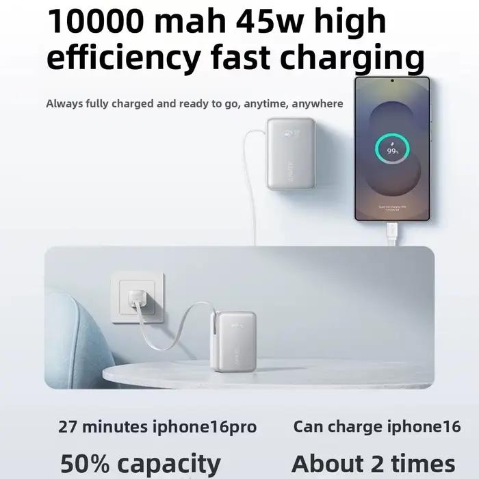 Anker A1638 10000mAh 45W Chargeur rapide Power Bank avec câble USB-C intégré Batterie externe légère et portable pour les voyages