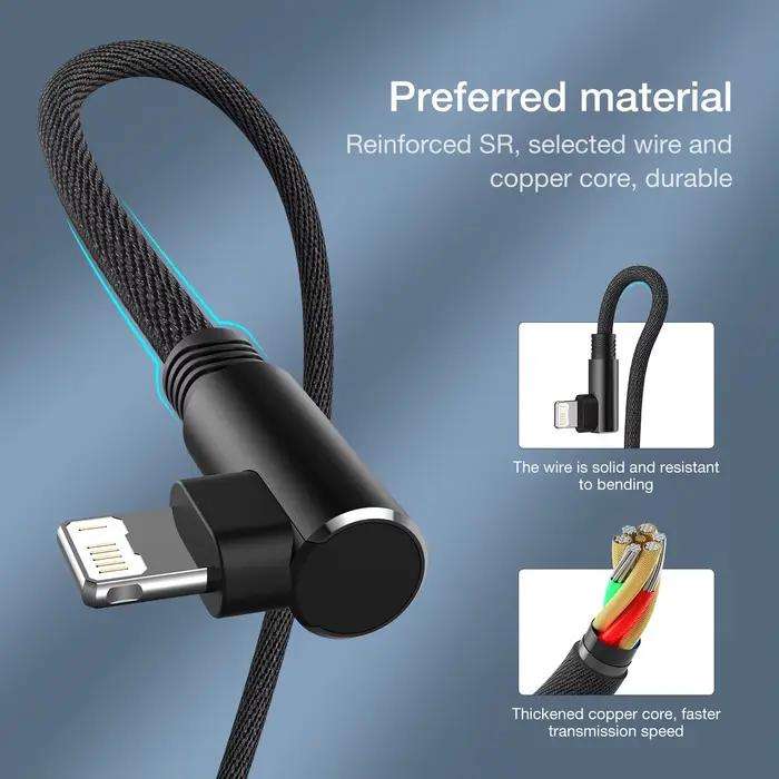 Câble USB à 90 degrés pour iPhone 14 13 12 11 Pro Max X XR XS 10 5 6 6s 7 8 Plus SE 2020 2022 iPad mini téléphone portable long Blanc Bleu Rouge Noir 1m 2m 3m