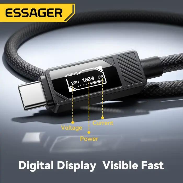Câble de charge rapide ESSAGER Type C à C affichage numérique pour MacBook Pro/Air iPhone 16/15/14 iPad 925W alliage d'aluminium tresse