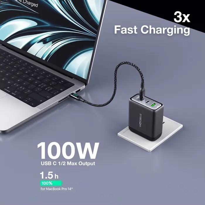 Chargeur mural 100W GaN USB-C pour MacBook Pro Air Thinkpad Samsung Galaxy Occasions de Voyage et Travaux Numériques