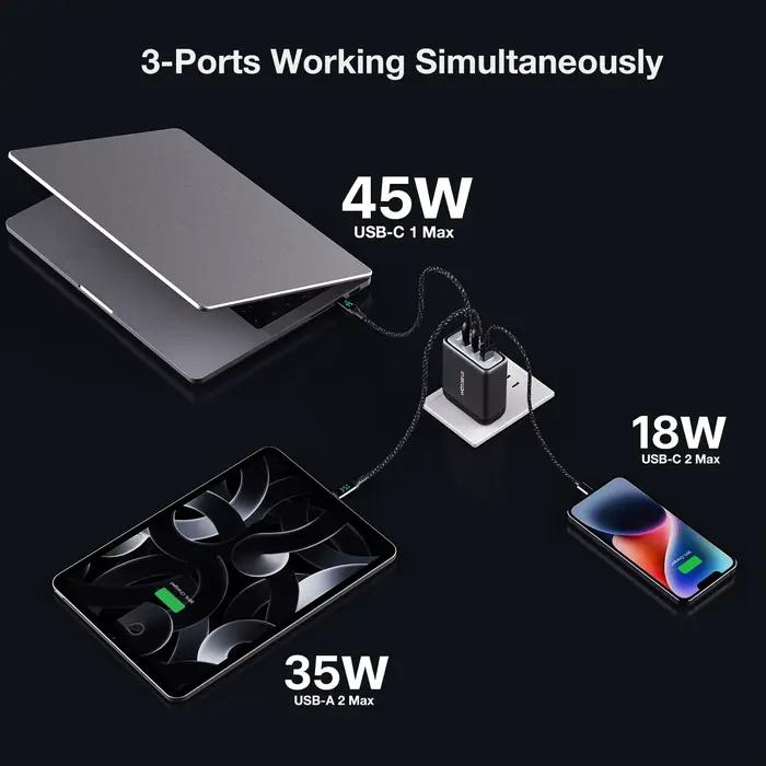 Chargeur mural 100W GaN USB-C pour MacBook Pro Air Thinkpad Samsung Galaxy Occasions de Voyage et Travaux Numériques