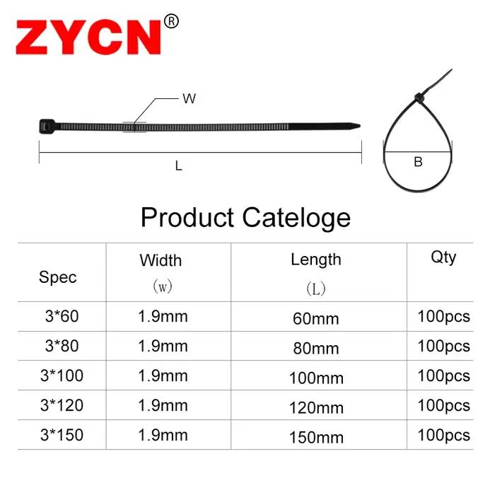 500 pièces attaches de câble 3x60 3x80 3x100 3x120 3x150 largeur 1.9mm auto-verrouillage en plastique Nylon fil
