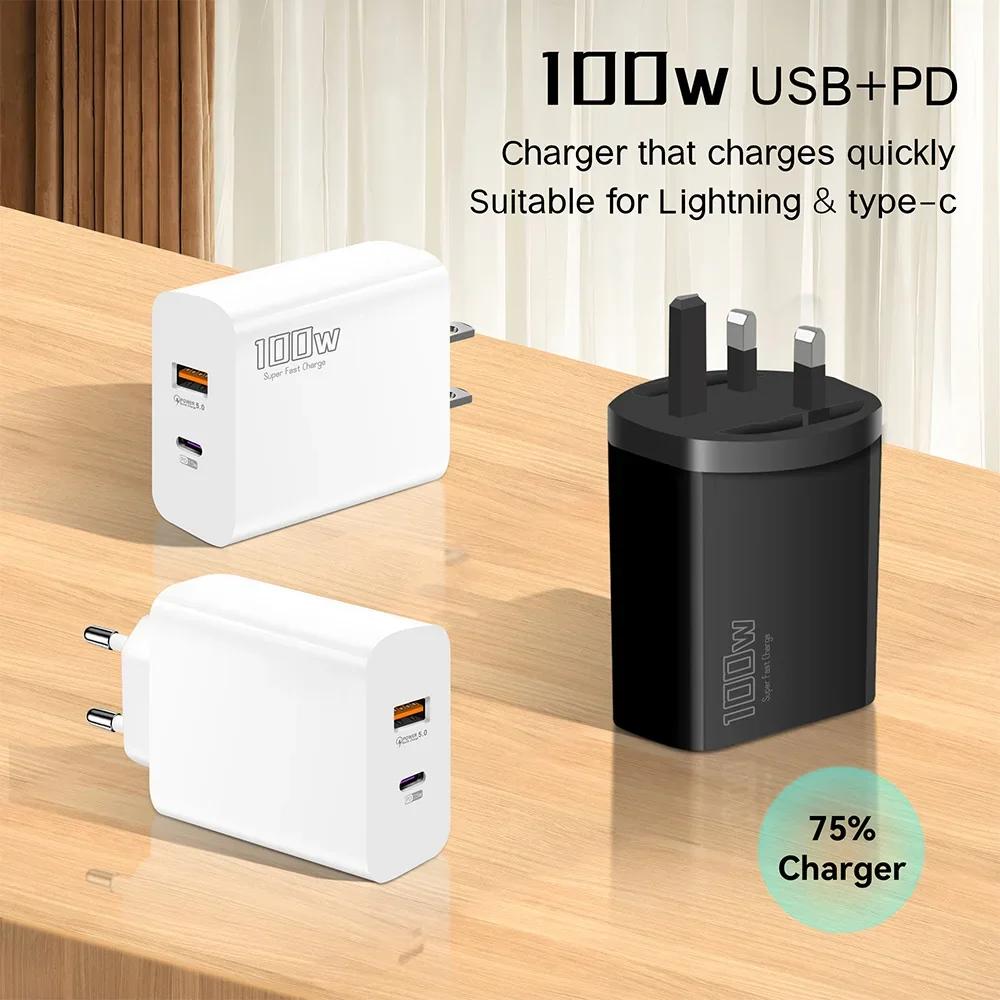 Elough 100W EU/UK/US adaptateur de Charge rapide USB C + USB A Super Charge téléphone portable pour Huawei Samsung Iphone tablette