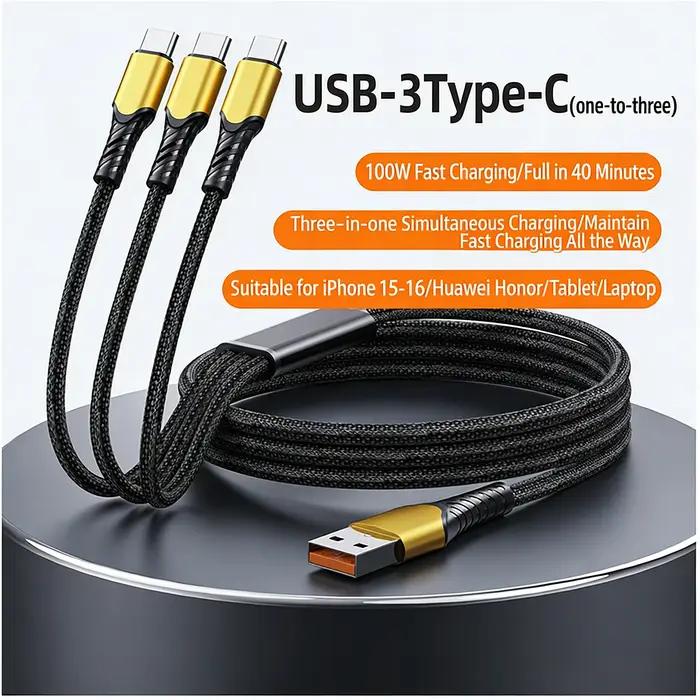 Câble de charge rapide USB-C 3-en-1 100W pour iPhone 17 16 15 Pro Max, Huawei, Xiaomi, Samsung