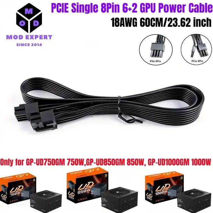 Câble d'alimentation GPU PCIe simple 8 broches 6+2 broches pour Gigabyte GP-UD750GM, GP-UD850GM, GP-