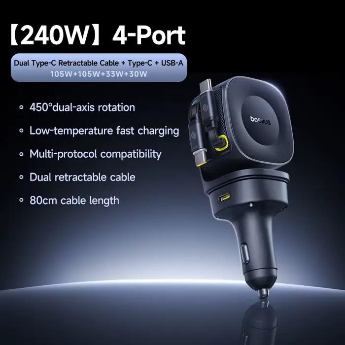 Chargeur de voiture Baseus 240W 4 Ports câble rétractable intégré charge rapide USB type-c chargeur