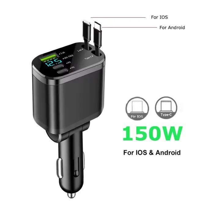 Chargeur de voiture 5 en 1 150W, affichage de la tension PD30W, charge Super rapide 22.5W avec câble