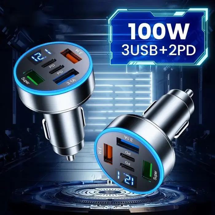 Chargeur de voiture 100W QC3.0, Charge rapide un à quatre prises allume-cigare de voiture, 5 ports,