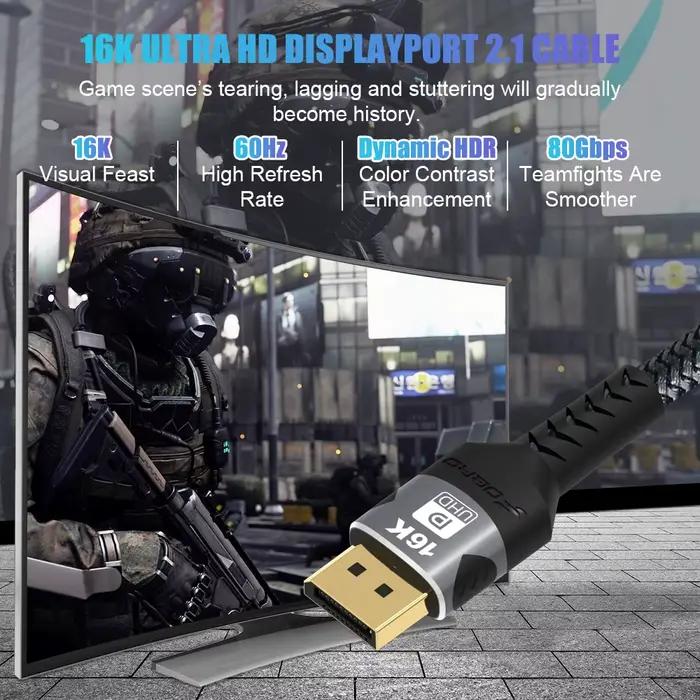 Câble DisplayPort 16K DP 2.1, 16k@30Hz, 8K@60Hz, 4K@144Hz, prise en charge HBR3, 80 Gbit/s, HDCP 2.2