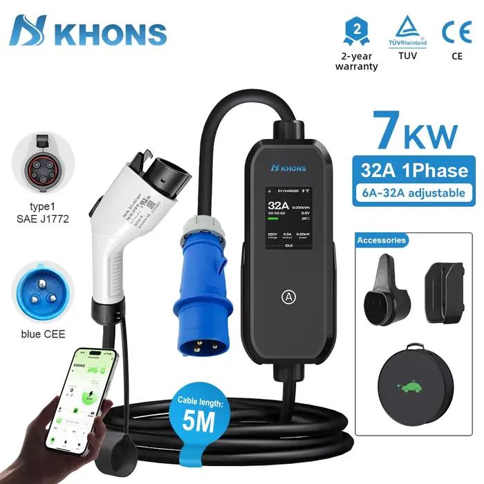 Chargeur EV Khons 7kW J1772 32A, borne de recharge EV portable, station de recharge murale EV avec c