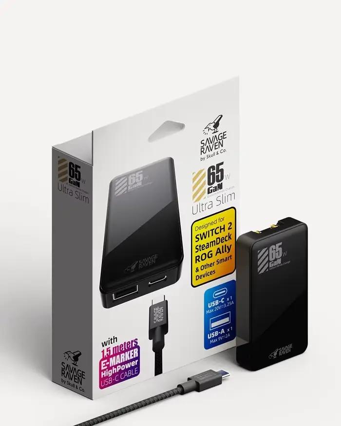 Savage Raven par Skull & Co. Chargeur rapide GaN 65W pour Switch 1/2, Steam Deck, Rog Ally, console