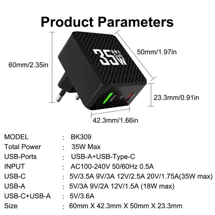 2 Ports Mini 35W GaN USB Type C chargeur QC3.0 Portable charge rapide pour iPhone 14 Pro Xiaomi 13 S