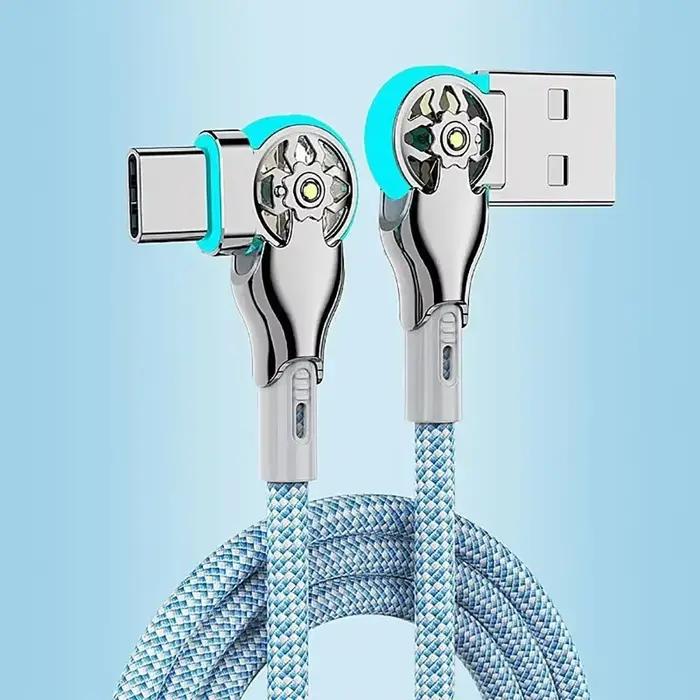 Câble de charge rapide avec rotation à 180 degrés, USB A vers Type C, avec lumière, en alliage de zi