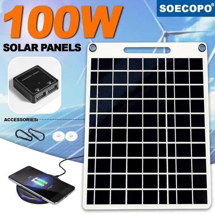 Chargeur solaire 100W avec deux Ports USB, panneau solaire étanche et Portable pour le Camping en pl