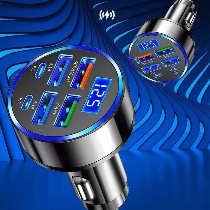 Chargeur de voiture 6 en 1, charge Super rapide, 4 ports USB 2 USB C multi-ports avec moniteur numér