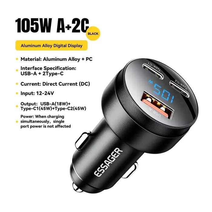 Essager 105W affichage numérique chargeur de voiture rapide pour iPhone 15 14 pro MacBook USB A C ch