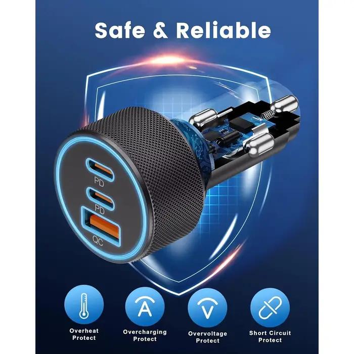 Chargeur de voiture USB C en alliage, adaptateur d'alimentation de voiture double USB-C et USB-A à 3