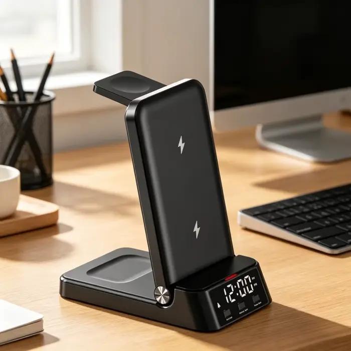 Station de charge rapide 4-en-1 pliable avec réveil et support pour téléphone, compatible iPhone 17~