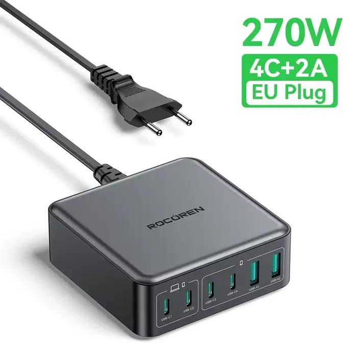 Rocoren 270W GaN chargeur 6 ports bureau charge rapide USB Type C chargeur centrale électrique Porta