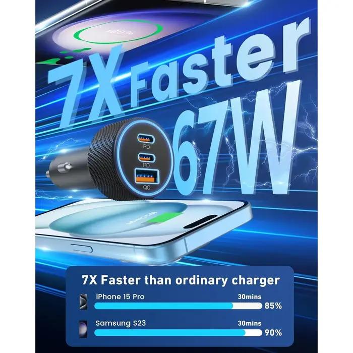 Chargeur de voiture USB C en alliage, adaptateur d'alimentation de voiture double USB-C et USB-A à 3