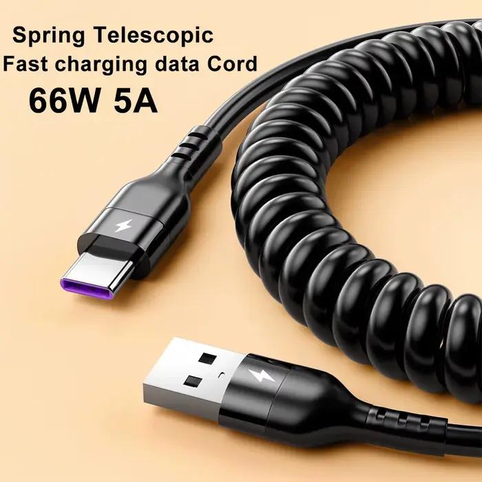 Câble télescopique USB Type-C 66W/5A à ressort, charge rapide, transfert de données, pour téléphone