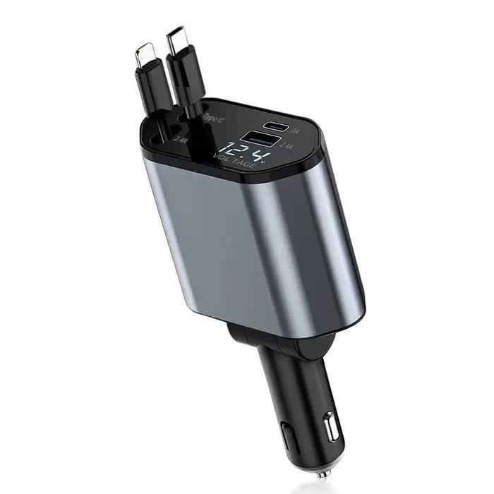 Chargeur de véhicule W&O 4-en-1, charge rapide 120W, câble rétractable, 2 ports USB, compatible avec