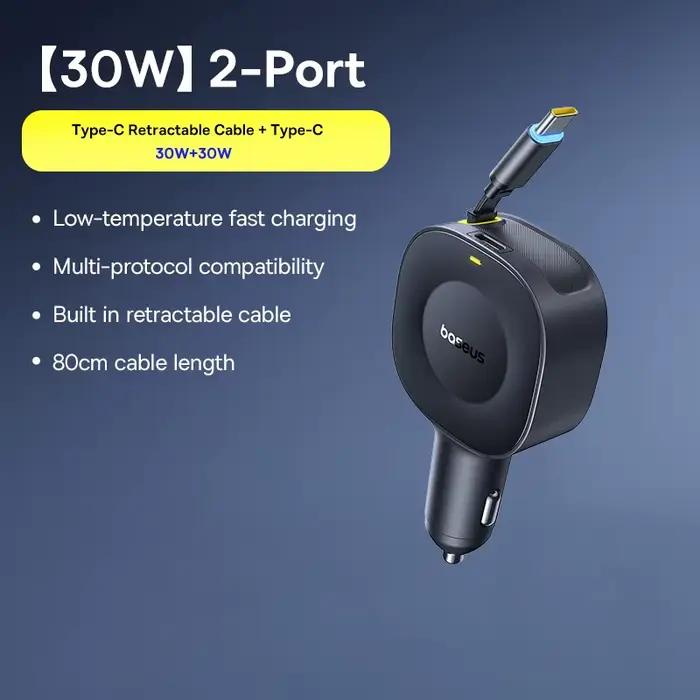 Chargeur de voiture Baseus 60W 100W 30W 240W 4 ports intégré double câble rétractable PD charge rapi