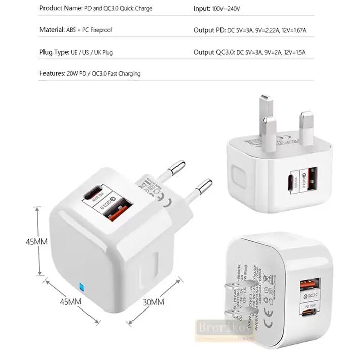 40W charge rapide 20W USB C PD chargeur mural prise ue US UK pour IPhone 12 13 14 15 Plus Pro Max Sa