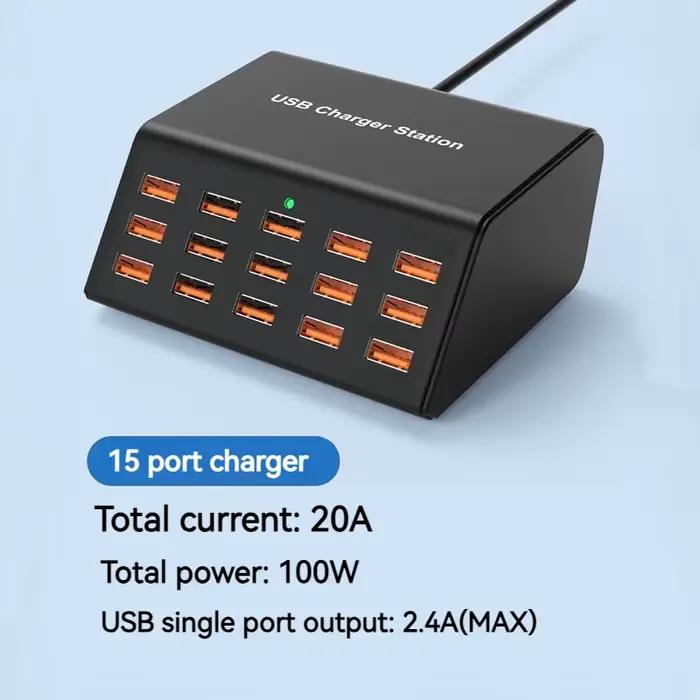 Chargeur USB universel 100W, 15 Ports 2,4a USB-A, Station de charge intelligente pour tablette Iphon