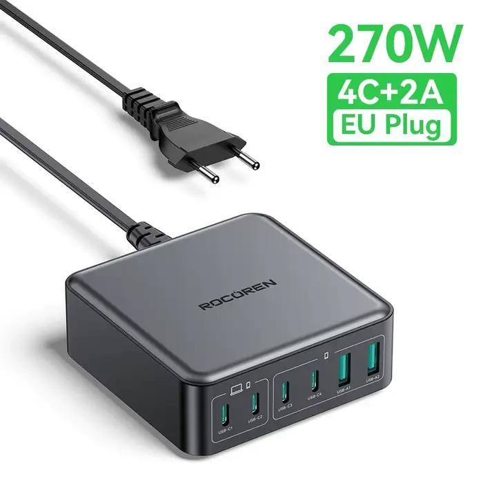 Rocoren 200W GaN chargeur PD charge rapide USB Type C chargeur 270W 6 en 1 centrale électrique USBC