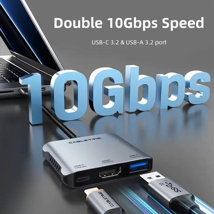 CABLETIME USB C HUB 4K 60Hz 5 en 1 hub de type C adaptateur double HDMI USB C 3.2 PD140W station d'accueil pour ordinateur portable MacBook Pro Air occasions professionnelles créatives