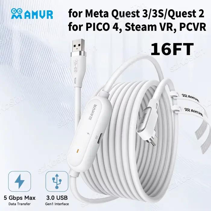 AMVR 16FT VR lien câble type-c USB avec Port de charge rapide séparé pour Meta Quest 3/3S/ Quest2 Pico4 Steam VR PCVR accessoires