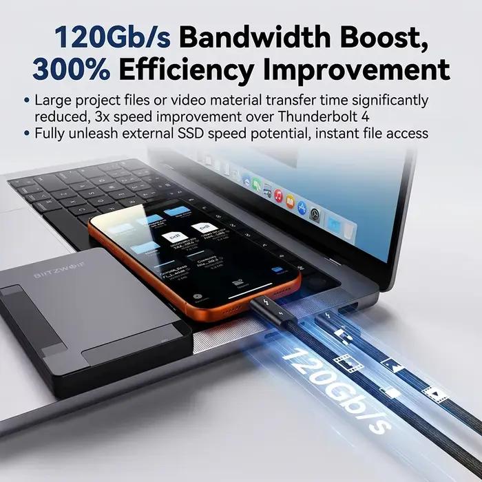 Câble de données Thunderbolt 5 120 Gbps 240 W 16K compatible avec USB4 Transmission complète Charge rapide