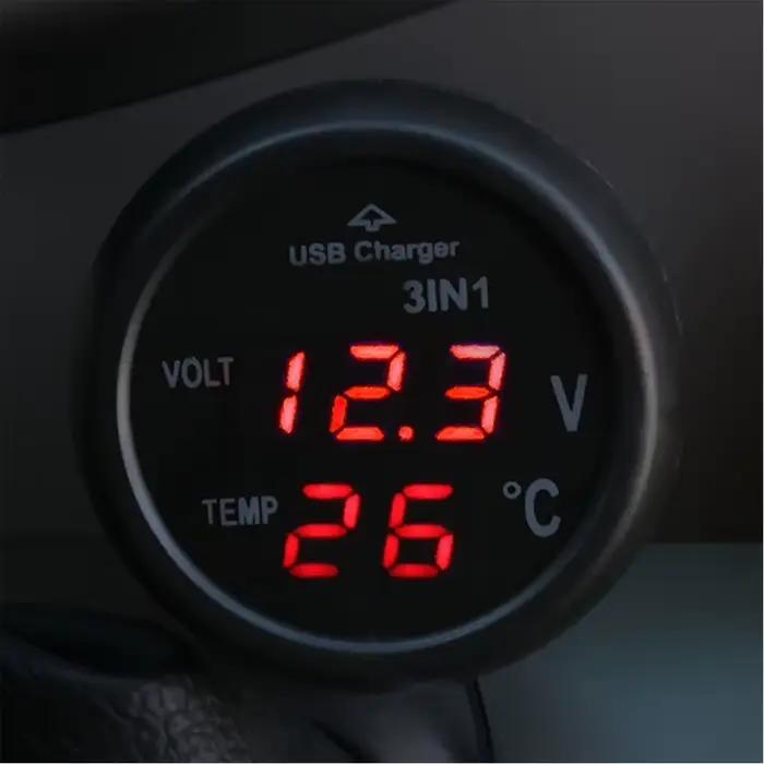 Chargeur de voiture 3 en 1 12/24V avec interrupteur voltmètre