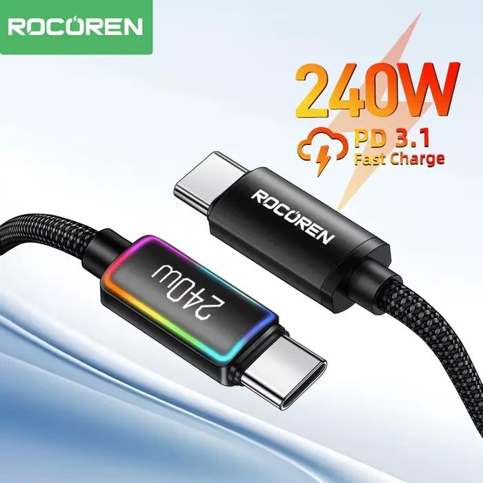 Câble de chargement USB Type-C Rocoren 240W PD 3.1 avec lumière RGB pour iPhone Samsung Ordinateur Portable iPad Occasions Spéciales