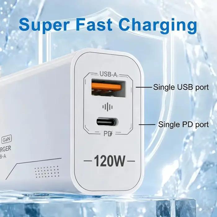 Chargeur USB C GaN 120W à 2 ports, charge rapide, adaptateur secteur pour iPhone, Samsung, Xiaomi, type C, prise US