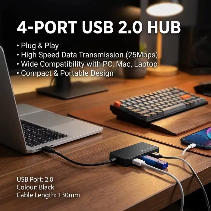 Hub USB 2.0 à 4 ports pour connectivité rapide et simple pour bureau et laptop usage quotidien et cadeau professionnel