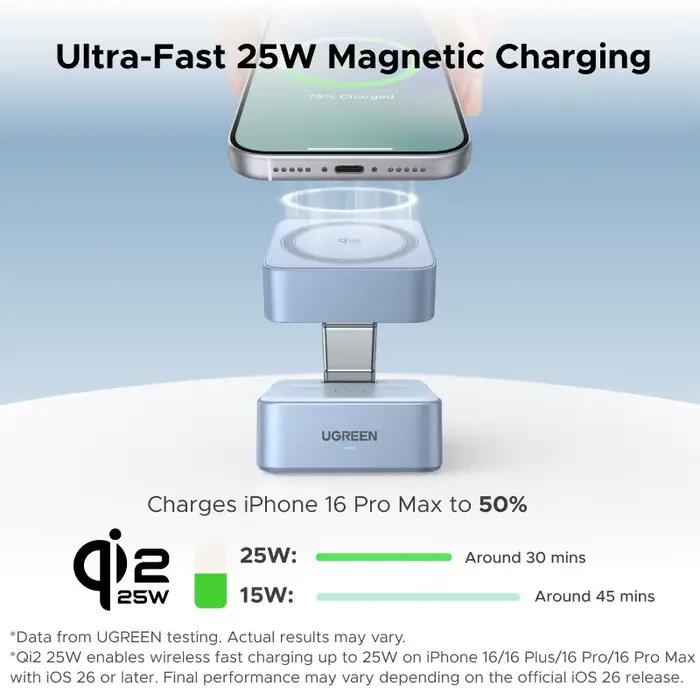 Support de chargeur sans fil magnétique 2-en-1 UGREEN Qi2.2 25W 15W à charge rapide pour iPhone 16 17/AirPods Magflow