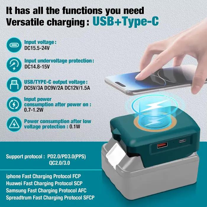 Chargeur sans fil pour batterie Li-ion 18V Makita Dewalt Milwaukee Adaptateur USB Port de charge Type-C Batterie externe portable