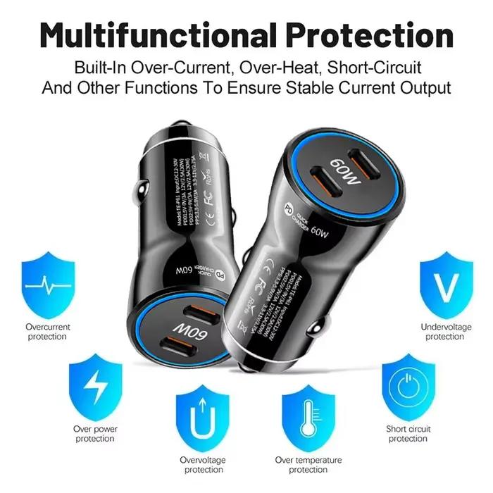 Chargeur de voiture double PD 60W (2 pièces) – Adaptateur de charge rapide haute puissance Type C avec puce de sécurité