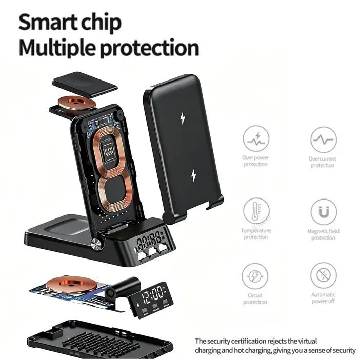 Station de charge rapide 4-en-1 pliable avec réveil et support pour téléphone