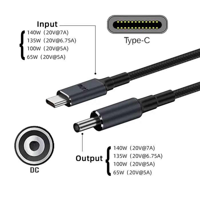 Type C entrée USB-C à sortie DC 5.5*2.1mm 20V puissance 100W 135W 140W 65W câble de charge 1.8m pour ordinateur portable