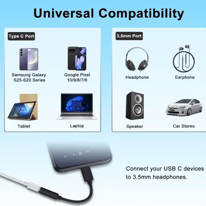 Adaptateur USB-C vers prise casque 3,5 mm femelle vers USB-C mâle pour Samsung Galaxy S25/S25 Ultra/S24/S24 écouteurs casque câble audio téléphone mobile compatibilité audio smartphone