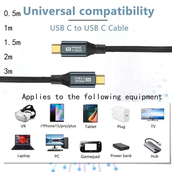 Câble PD 3.2 100W USB C vers USB C type-c Gen2 20Gbps 8K @ 60Hz cordon de données vidéo pour PC portable Macbook iPad iPhone 15 Pro Max