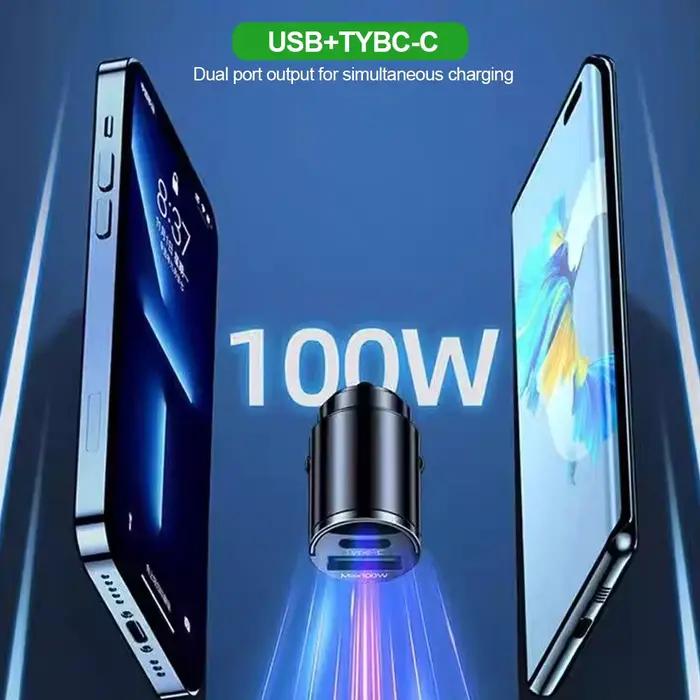 Mini chargeur de voiture 100W Type C double USB charge rapide pour iphone 15 pro max Samsung Huawei Xiaomi prise